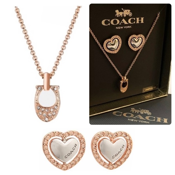 Coach Rose Gold Silver Necklace Studs Earrings Heart Crystals Gift Set Box $128 - Picture 2 of 8
